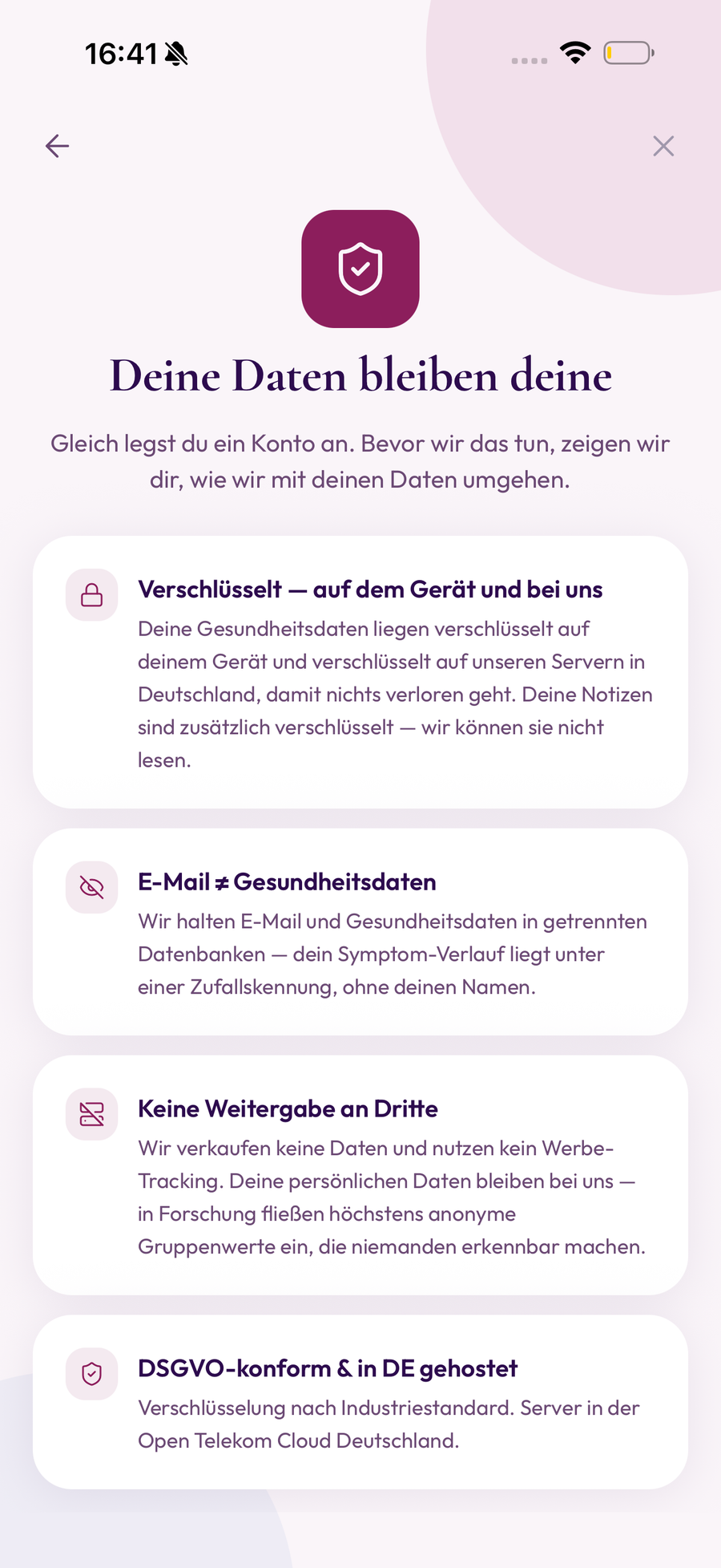 MenoGlow App: Datenschutz-Hinweise vor der Kontoerstellung