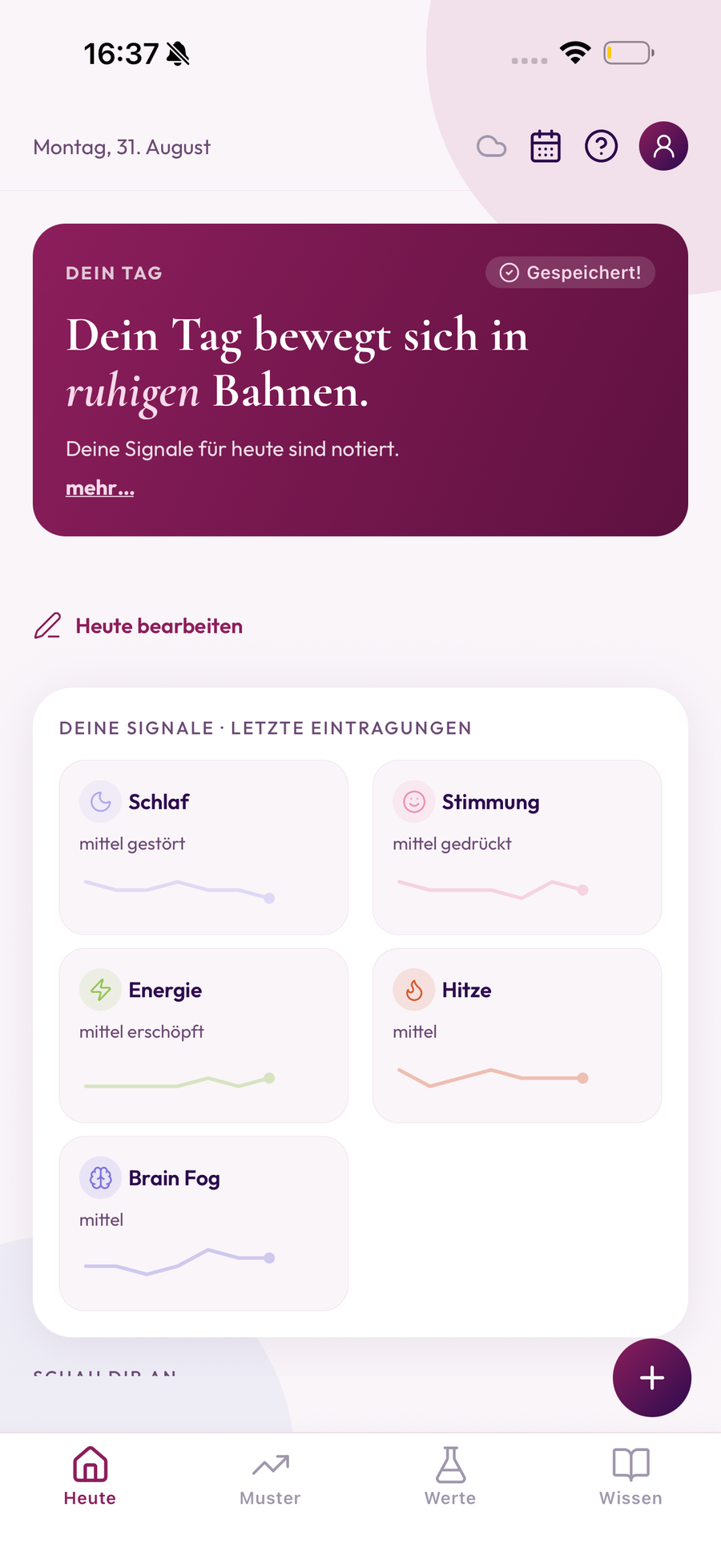 MenoGlow App: Tagesueberblick mit Schlaf, Stimmung, Energie, Hitze und Brain Fog