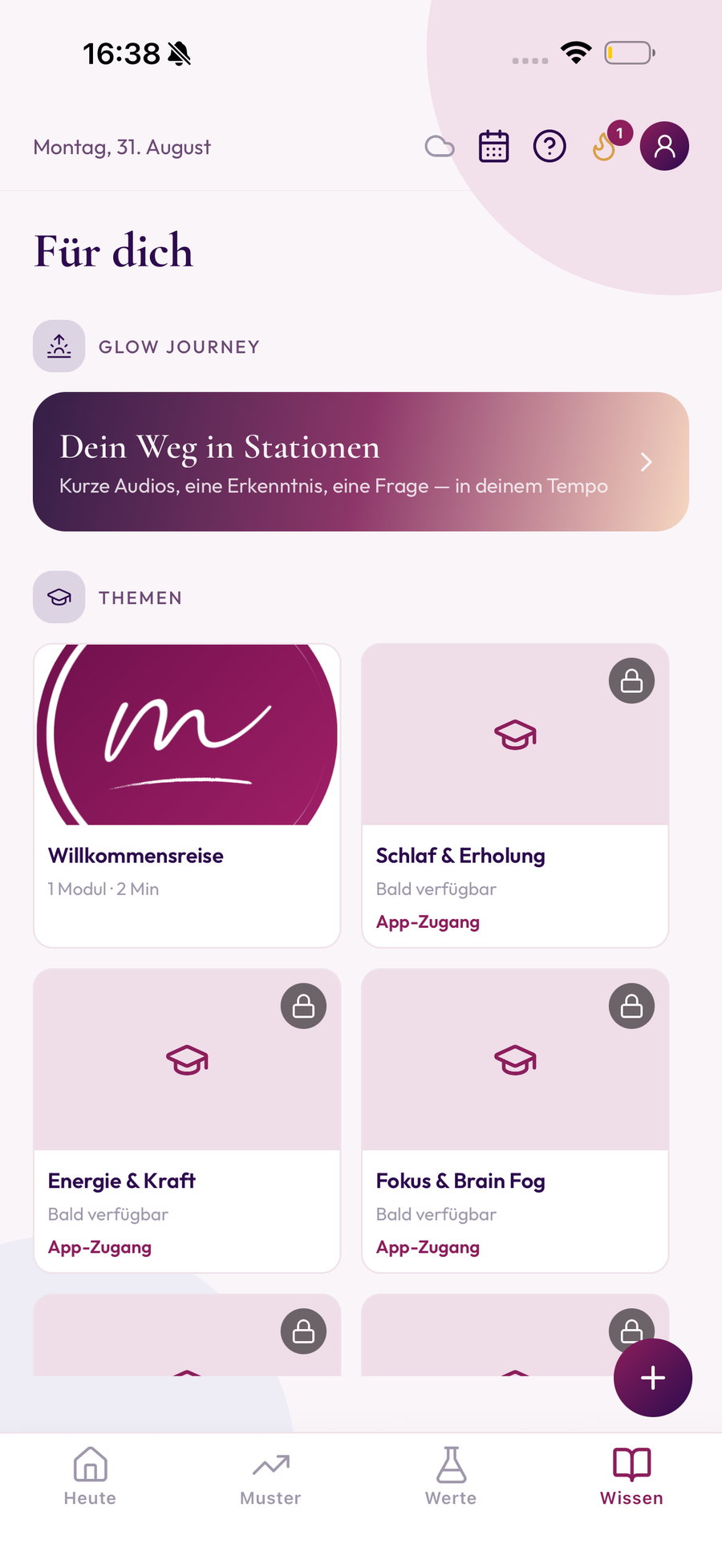 MenoGlow App: Wissen-Bereich mit Glow Journey und Themen