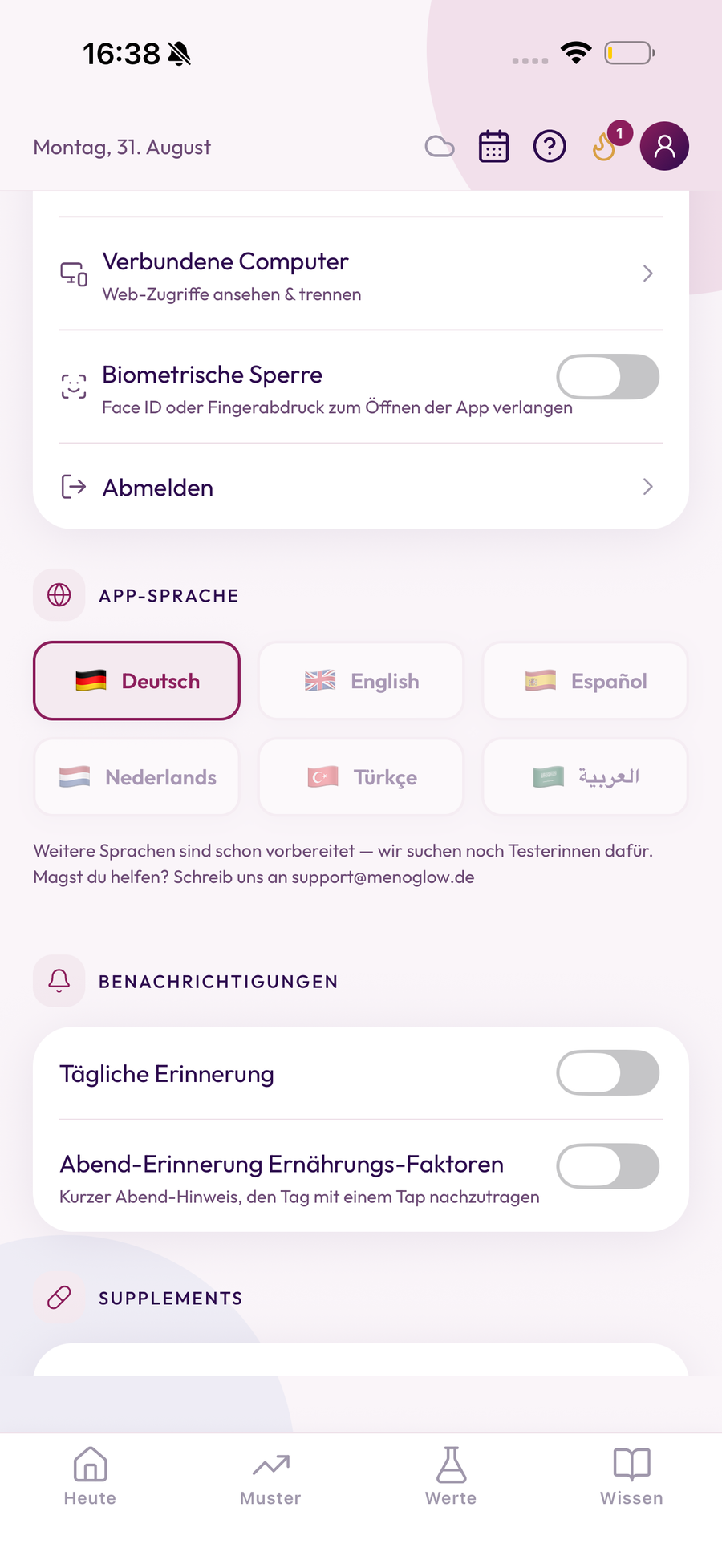 MenoGlow App: Einstellungen fuer Sprache und Benachrichtigungen