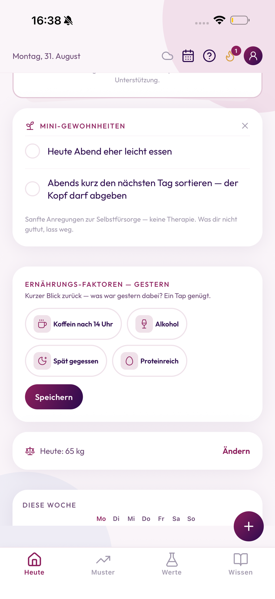 MenoGlow App: Mini-Gewohnheiten und Ernaehrungs-Faktoren im Tagesueberblick