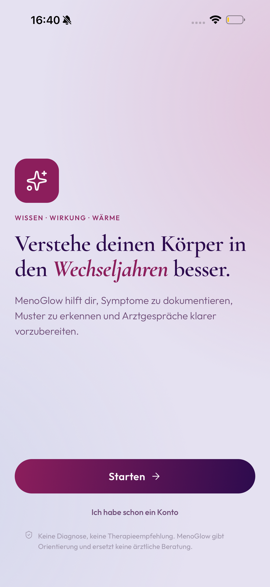MenoGlow App: Willkommensseite - Verstehe deinen Koerper in den Wechseljahren besser