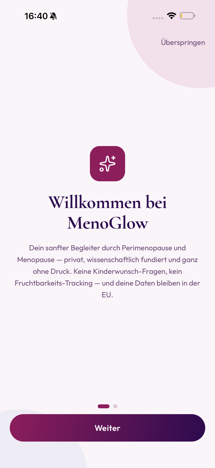MenoGlow App: Willkommensbildschirm der MenoGlow App