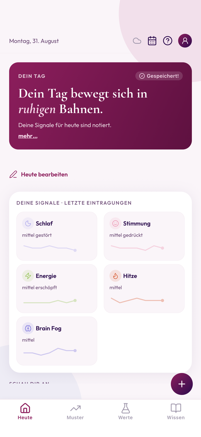 Screenshot der MenoGlow App: Ansicht „Heute“ mit den Signalen Schlaf, Stimmung, Energie, Hitze und Brain Fog