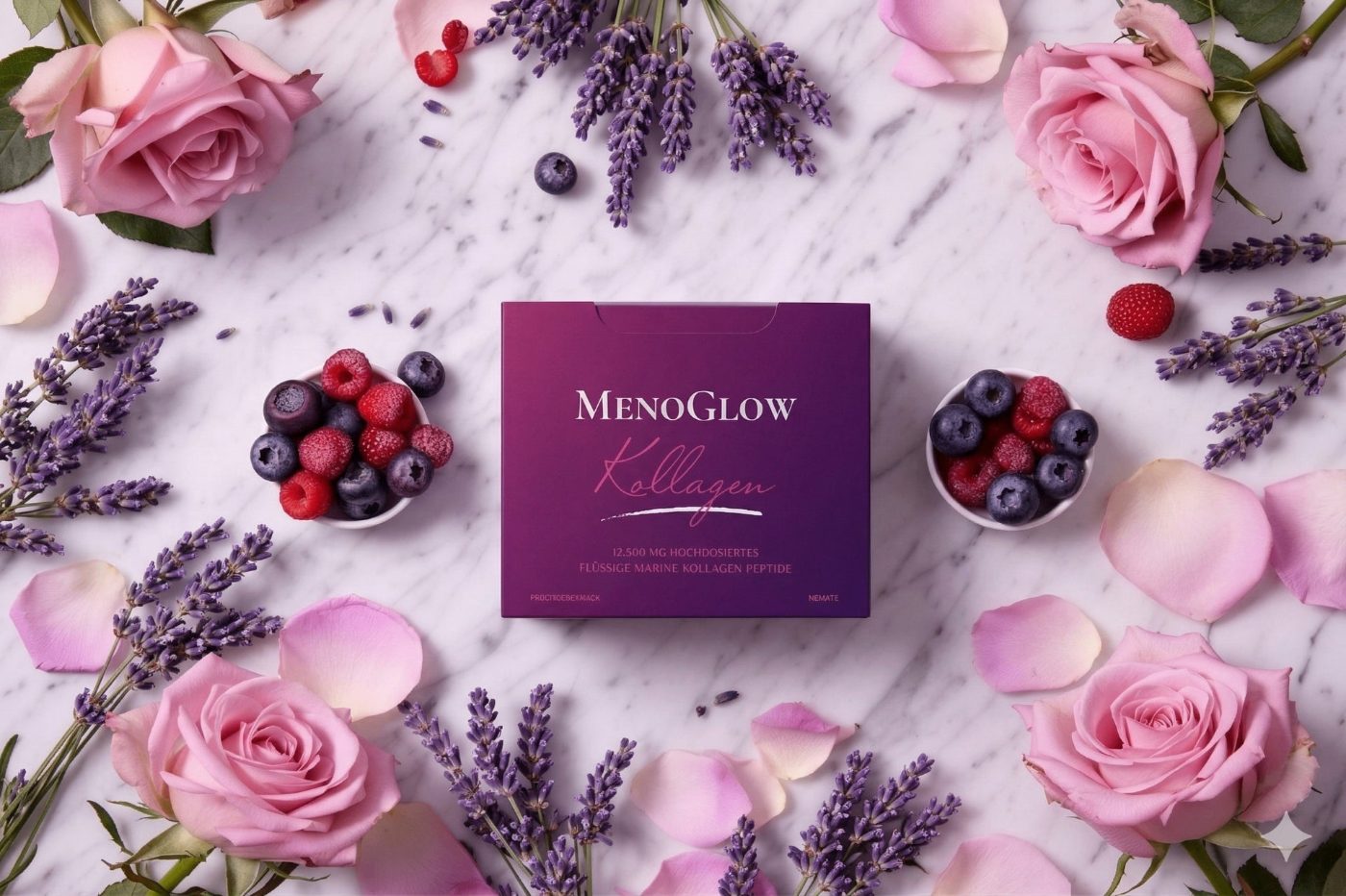 MenoGlow Produktlinie als Flatlay: Kollagen-Shots und Pflegeprodukte